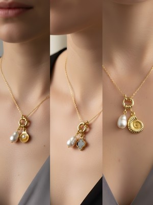 NKT Collection Deniz Kabuğu Siyah Yonca Kutup Yıldızı Incili Kolye