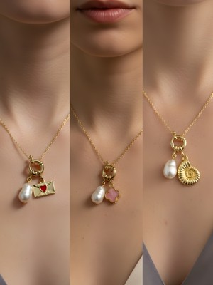 NKT Collection Deniz Kabuğu Pembe Yonca Ay Güneş Incili Kolye