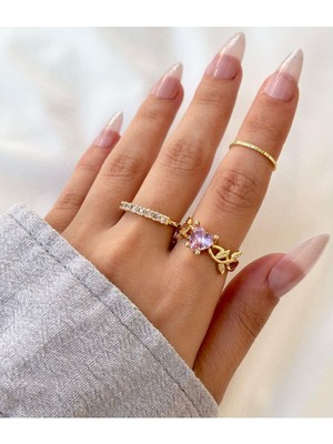 Kadın Gold Renk 3 Lü Pembe Taş Yaprak ve Kalp-Taşlı-Eklem Yüzük