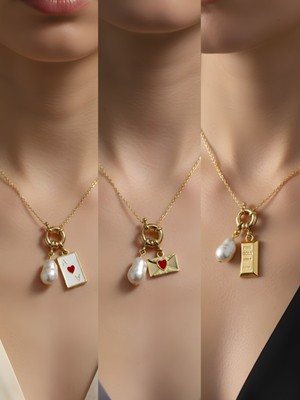 NKT Collection Külçe Altın Kalpli Zarf Beyaz Yonca Incili Kolye