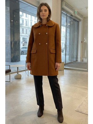 Yake 8034 Bebe Yaka Düğme Detaylı Kadın Kaşe Kaban