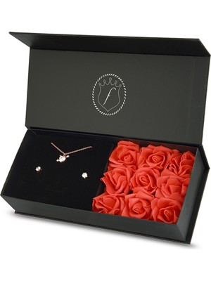 UltraNova Romantik Rose Kalpli Kolye ve Tektaş Küpe Seti, Güllü Kutuda