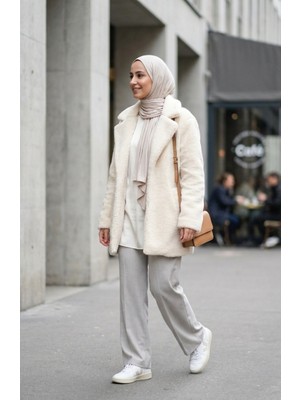 Düğmeli Cepli Peluş Ceket 6342-02 Krem