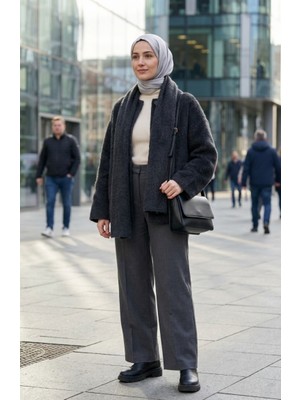 Düğmeli Atkılı Kürk Ceket 6341-04 Antrasit