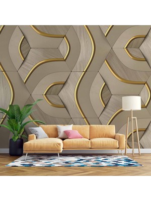 3 Boyutlu Açık Ahşap Panel Altın Şerit Duvar Kağıdı Baskı