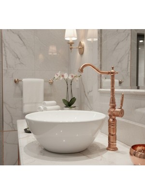 Emfa Aksesuar Bakır Işlemeli Çanak Lavabo Bataryası Vintage Tasarım Rose Gold Batarya Musluk Armatür