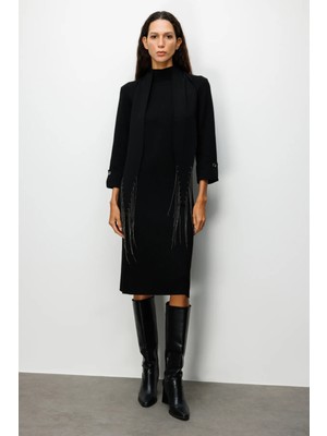 On Kadın Kuşaklı Midi Boy Triko Elbise 63315 Siyah