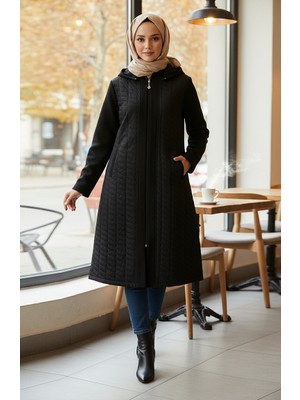 Büyük Beden Kürklü Kaşe Mont 6247-01 Siyah