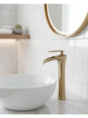 Emfa Aksesuar Mat Gold Çanak Lavabo Bataryası - Şelale Akış Antik Lavabo Bataryası