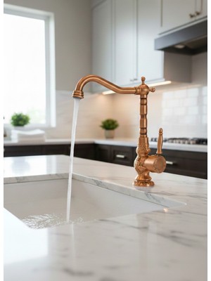 Emfa Aksesuar Bakır Vintage Mutfak Bataryası Bakır Vintage Evye Musluğu İşlemeli Armatür Bakır