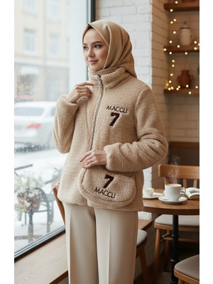 Fermuarlı Çantalı Peluş Ceket 6338-02 Vizon