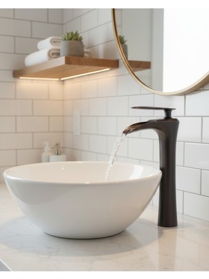 Emfa Aksesuar Siyah Çanak Lavabo Bataryası - Şelale Akış Siyah Lavabo Bataryası