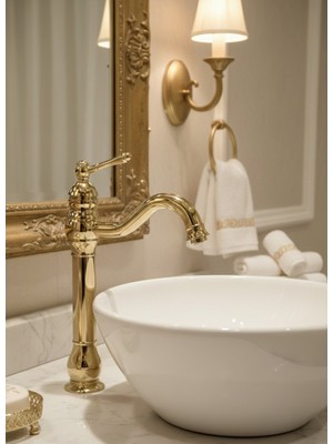 Emfa Aksesuar Gold Çanak Lavabo Bataryası Vintage Lavabo Musluğu Vintage Çanak Batarya Gold Musluk