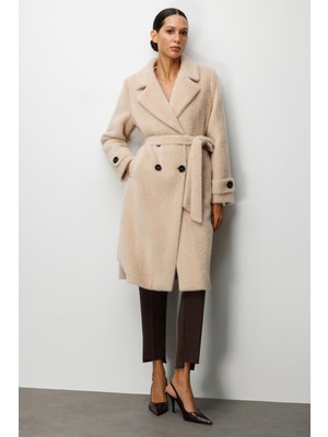 Ekol Kadın Beli Kuşaklı Peluş Kaban 6033 Kum