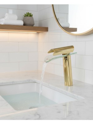 Emfa Aksesuar Gold Lavabo Bataryası - Cam Oluklu Altın Lavabo Bataryası