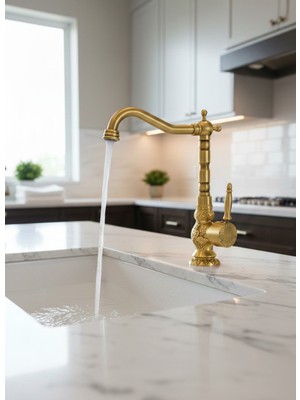 Emfa Aksesuar Vintage Mutfak Bataryası Gold Vintage Evye Musluğu İşlemeli Armatür Gold