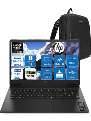 Hp Omen 17-DB1022NT Amd Ryzen Aı 9 365 96GB Ddr5 2tb SSD Windows 11 Pro RTX5060 8gb Gddr6 17.3 Inç Fullhd (1920 x 1080) 144Hz 7ms 300NITS IPS Taşınabilir Bilgisayar CD5N2EAP45 + Zetta Çanta