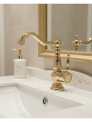 Emfa Aksesuar Gold Işlemeli Lavabo Bataryası Rustik Lavabo Musluğu Gold Banyo Bataryası Vintage Tasarım