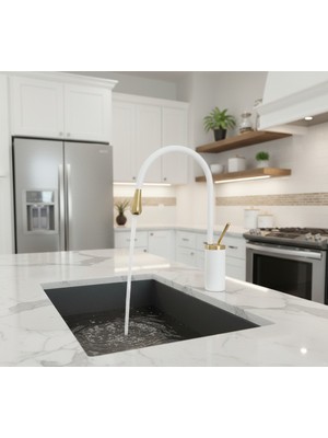 Emfa Aksesuar Beyaz - Gold Mutfak Bataryası - Beyaz - Altın Evye Bataryası - Beyaz -Altın Lavabo Bataryası