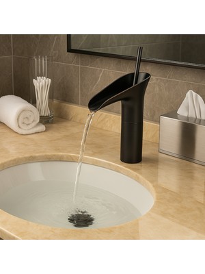 Emfa Aksesuar Siyah Şelale Akışlı Lavabo Bataryası - Modern Tasarım Siyah Lavabo Bataryası