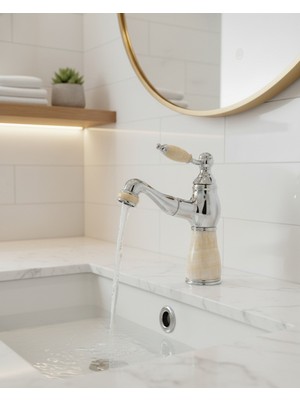 Emfa Aksesuar Krom Spiralli Mermer Detaylı Lavabo Bataryası - Uzayabilen Krom Spiral Lavabo Musluğu