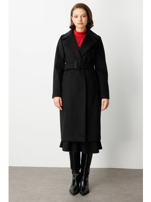 Ekol Kadın Beli Kuşaklı Kruvaze Kaşe Kaban 6053 Siyah