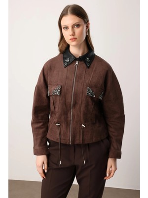 On Kadın Büyük Beden Cepleri Taş Detaylı Süet Mont 60714 Kahverengi