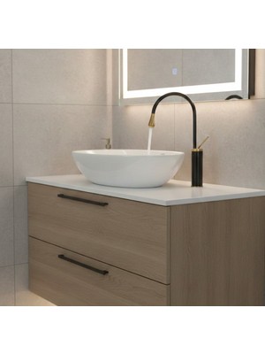 Emfa Aksesuar Siyah Gold Çanak Lavabo Bataryası Modern Tasarım Siyah Gold Detaylı Banyo Bataryası