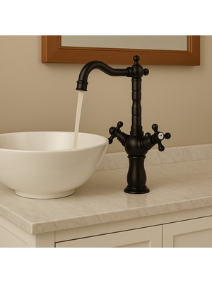 Emfa Aksesuar Koç Başı Çanak Siyah Lavabo Bataryası - Pirinç Siyah Çanak Batarya