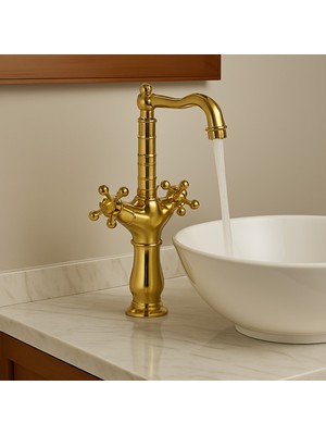 Emfa Aksesuar Koç Başı Çanak Gold- Altın Lavabo Bataryası - Pirinç Modern Çanak Batarya