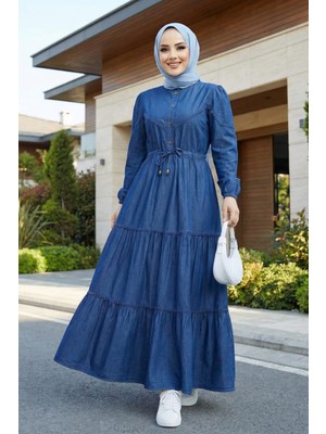 Kadın Dantel Detaylı Düğmeli ve Bağcıklı Koyu Kot Mavi Uzun Elbise