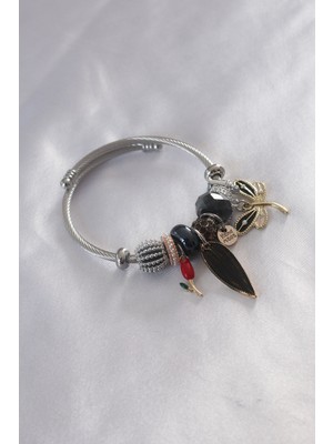 Epilons Çelik Charm Model Siyah Kelebek Figür Yaprak Detay Kadın Bileklik - TJ-BB4795