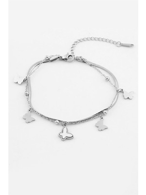 Pazarois Kelebek Figürlü Gümüş Renkli Çelik Bileklik