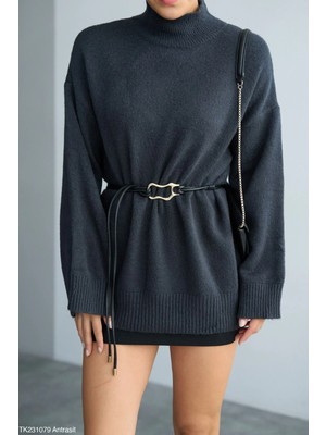 Cemo Yüksek Yaka Oversize Triko Tunik Kazak