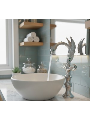 Emfa Aksesuar Gümüş Krom Çanak Bataryası Zümrüt Taşlı Ördek Kuğu Mutfak & Lavabo Eviye Bataryası