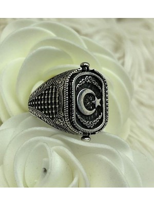 Canka Ayyıldız ve Onix Taşlı Çift Taraflı Gümüş Erkek Yüzük