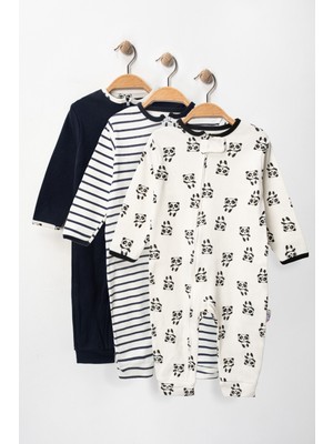Panda Çizgili Fermuarlı 3lü Tulum Set 9-12-18 Ay Uyku Tulumu Seti
