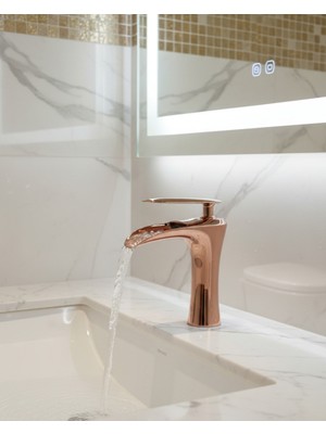 Emfa Aksesuar Rose Gold - Bakır Şelale Akışlı Lavabo Bataryası - Modern Tasarım Bakır Lavabo Bataryası