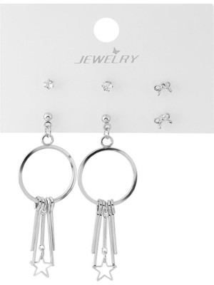 Pazarois Gümüş Renk Halka ve Yıldız Detaylı Bijuteri Çoklu Küpe Seti