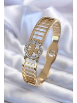 Epilons 316L Çelik Gold Renk Zirkon Taşlı Yonca Model Kadın Kelepçe - TJ-BB5589