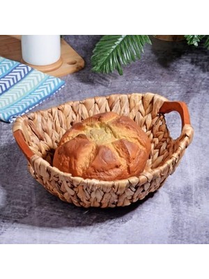 Storemax Kosova Wicker Serisi Bezli Yuvarlak Ahşap Kulplu Hasır Ekmek Sepeti
