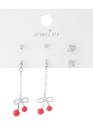 Pazarois Gümüş Renk Kiraz Figürlü Inci Detaylı Bijuteri Çoklu Küpe Seti