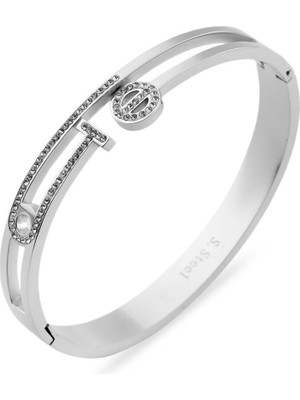 Pazarois Taş Detaylı Gümüş Renkli Çelik Kelepçe Bileklik