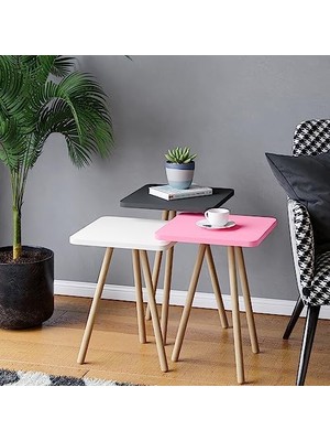 Storemax -Renkli Üçlü Zigon Sehpa Ahşap Ayaklı Kare Pastel Tasarım (Pembe,beyaz,gri)