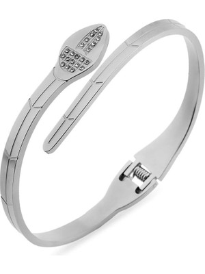 Pazarois Yılan Figürlü Taş Detaylı Gümüş Renkli Çelik Kelepçe Bileklik