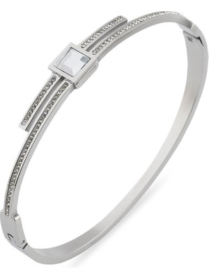 Pazarois Kare Taş Detaylı Gümüş Renkli Çelik Kelepçe Bileklik