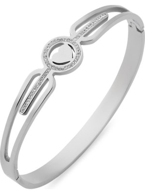 Pazarois Kalp Figürlü Gümüş Renkli Çelik Kelepçe Bileklik