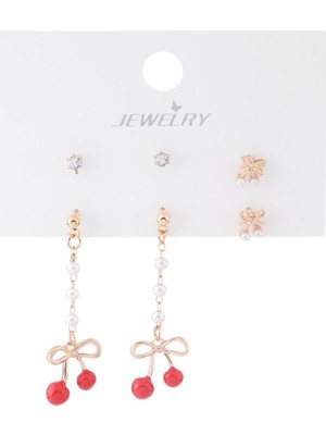 Pazarois Altın Renk Kiraz Figürlü Inci Detaylı Bijuteri Çoklu Küpe Seti