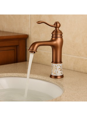 Emfa Aksesuar Porselenli Bakır Vintage Lavabo Bataryası - Modern Tasarım Rose Gold Lavabo Bataryası