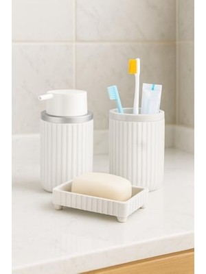 Storemax Serisi Beyaz Banyo Seti, 3 Parça Oval Akrilik Sabunluk Fırçalık ve Sıvı Sabunluk Takımı - 3319